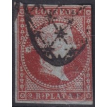 1855-229 CUBA SPAIN ANTILLAS PUERTO RICO 1855 Ed.3. 2 REALES CARMIN BURBUJA DETRAS DE LA CABEZA.