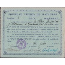 BON-332 CUBA 1942 SOC ATENEO DE MATANZAS BONO Nº4 50$ TRINIDAD Y HNOS TABACO TOBACCO FACTORY.