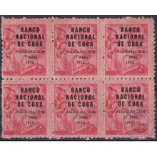 1950-235 CUBA REPUBLICA 1950 2c BANCO NACIONAL BLOCK 6 GOMA ORIGINAL MANCHAS.