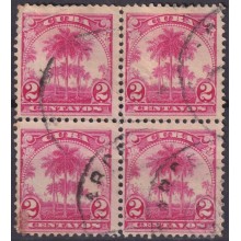 1905-160 CUBA REPUBLICA 1905 2c ROYAL PALM PALMA REAL BLOCK 4 USED.