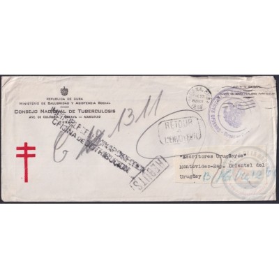 1959-H-36 CUBA 1959 LG-2155 OFFICIAL COVER POSTMARK FORWARDED COVER TO URUGUAY.