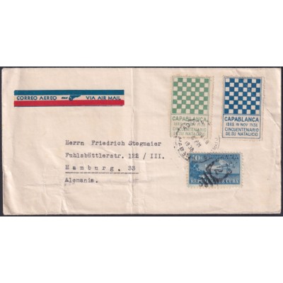 VI-552 CUBA 19380 CHESS AJEDREZ CAPABLANCA 50 ANIV COVER TO GERMANY CINDERELLA.