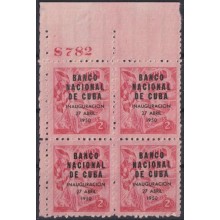 1950-273 CUBA REPUBLICA MH 1950 NATIONAL BANK OVERPRINT BLOCK 4 PLATE NUMBERS.