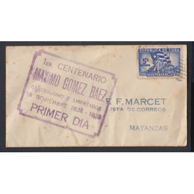 1936-FDC-18 CUBA REPUBLICA. 1936. Ed.297. MAXIMO GOMEZ. 5c. DOMINICANA. SANTO DOMINGO. GOMIGRAFO VIOLETA.