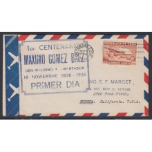 1936-FDC-16 CUBA REPUBLICA. 1936. Ed.300. MAXIMO GOMEZ. 10c AIR MAIL. DOMINICANA. SANTO DOMINGO. GOMIGRAFO AZUL.