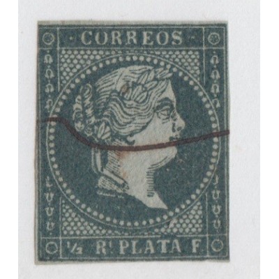 1855-24 CUBA ESPAÑA SPAIN. ANTILLAS. ISABEL II. 1855. Ed.1. ½ rs NEGRO VERDE. USADO CON RAYA DE TINTA.