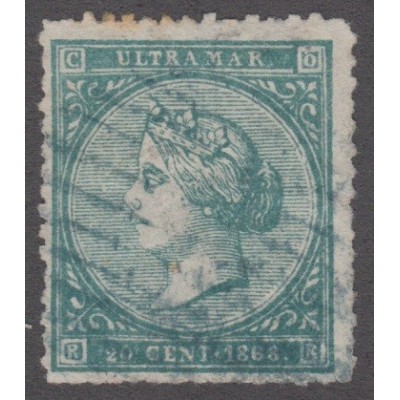 1868-14 CUBA ESPAÑA SPAIN. ANTILLAS. ISABEL II. 1868. Ed. ANT.14F. 20c. POSTAL FORGERY. CANC: LINEAS VERDES.