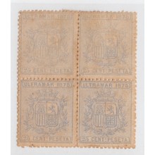 1875-24 CUBA ESPAÑA SPAIN. ANTILLAS. REPUBLICA. 1875. Ed.32. 25c. AZUL. NUEVO SIN GOMA. COLOR ADULTERADO. BLOCK 4.