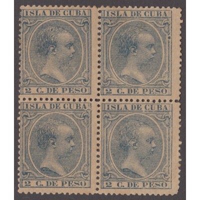 1890-14 CUBA ESPAÑA SPAIN. ANTILLAS. ALFONSO XIII. 1890. Ed.113. 2c. AZUL. SIN GOMA. BLOCK 4. 