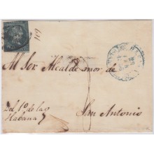 1855-H-20.* CUBA ESPAÑA SPAIN. ISABEL II. 1855. Ed.Ant.1. SOBRE ½ r. DE LA HABANA. MARCA BAEZA HABANA AZUL 1856.
