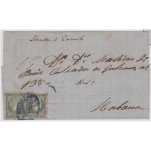 1856-H-25.* CUBA ESPAÑA SPAIN. ISABEL II. 1856. Ed.Ant.4. SOBRE PAREJA ½ r. MARCA PARRILA AZUL. 
