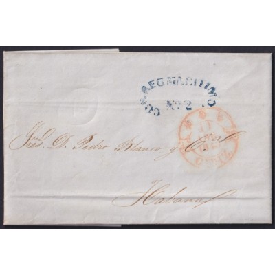 PREFI-810 ESPAÑA SPAIN 1845 CADIZ COVER TO CUBA “CORREO MARTIMO Nº2” BLUE POSTMARK.