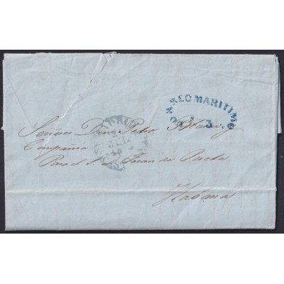 PREFI-811 ESPAÑA SPAIN 1846 MADRID COVER TO CUBA “CORREO MARTIMO Nº3” BLUE POSTMARK.