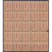 1902-173 CUBA REPUBLICA 1902 1c MNH BLOCK OF 25. ONE STAMP WITH DAMAGE.