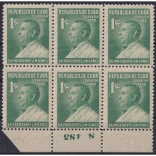 1936-452 CUBA REPUBLICA 1936 MNH 1c PRESIDENT JOSE MIGUEL GOMEZ PLATE NUMBER BLOCK 6.