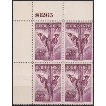 1962.288 CUBA 1962 MNH 5$ BIRD AVES PAJAROS CORNER BLOCK 4 PLATE NUMBERS.
