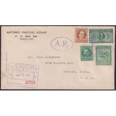 1931-H-118 CUBA REPUBLICA 1931 ACUSE DE RECIBO REGISTERED MAIL HAVANA – USA.