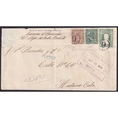 1910-EP-161 CUBA REPUBLICA 1914 1+10c MAPITAS REG POSTAL STATIONERY COVER SANTIAGO – HAVANA.