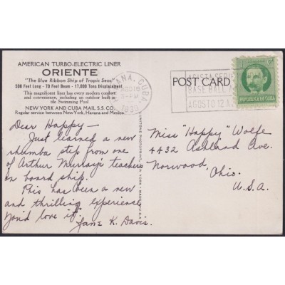 1939-H-132 CUBA 1939 RARE POSTMARK WORLD BASEBALL GAME ASISTA SERIE MUNDIAL DE BEISBOL.