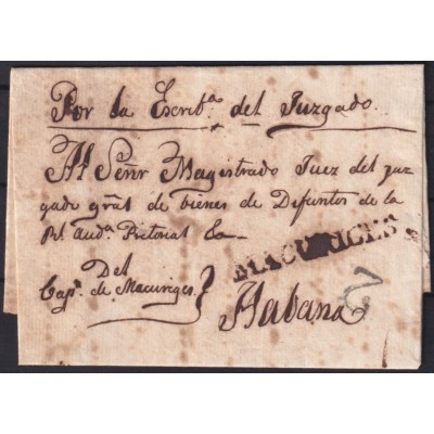 PREFI-804 CUBA SPAIN (CIRCA 1840) MACURIGES RARE LINE POSTMARK TO HAVANA.