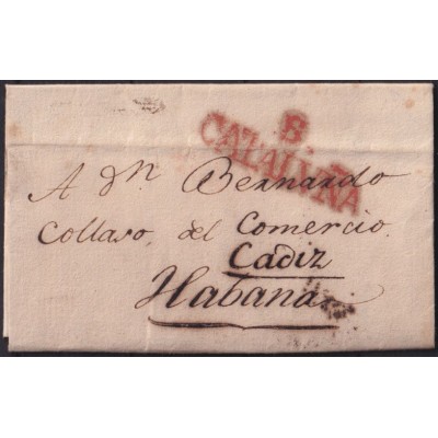 PREFI-805 ESPAÑA SPAIN 1833 STAMPLESS TO CUBA CATALUÑA POSTMARK MARITIME MAIL “E”.