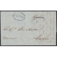 PREFI-814 CUBA SPAIN 1851 STAMPLESS MARITIME MAIL Nº4 BLUE. TRINIDAD TO CADIZ.