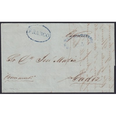 PREFI-814 CUBA SPAIN 1851 STAMPLESS MARITIME MAIL Nº4 BLUE. TRINIDAD TO CADIZ.