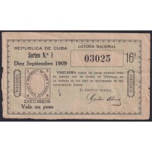 LOT-445 CUBA LOTTERY 1909. SORTEO Nº1. 10/ SEPT/ 1909. RARE.
