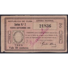 LOT-447 CUBA LOTTERY 1909. SORTEO Nº2. 20/ SEPT/ 1909. RARE.