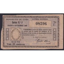 LOT-448 CUBA LOTTERY 1909. SORTEO Nº3. 30/ SEPT/ 1909. RARE.