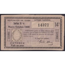 LOT-449 CUBA LOTTERY 1909. SORTEO Nº4. 9/ OCT/ 1909. RARE.