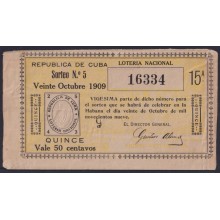 LOT-450 CUBA LOTTERY 1909. SORTEO Nº5. 20/ OCT/ 1909. RARE.
