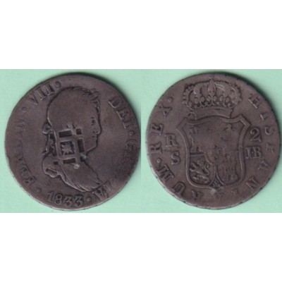 1841-MN-23 CUBA SPAIN 1841 2r FERNANDO VII 1833 SEVILLA COUNTERMARK OF TRINIDAD VIQUE.