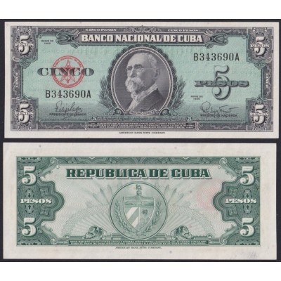 1960-BK-290 CUBA 5$ 1960 MAXIMO GOMEZ UNC UNCIRCULATED.