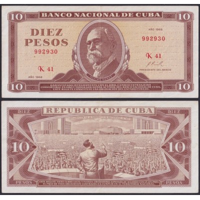 1968-BK-42 CUBA 10$ 1968 MAXIMO GOMEZ XF LIGERO DOBLEZ CASI IMPERCEPTIBLE AL CENTRO.