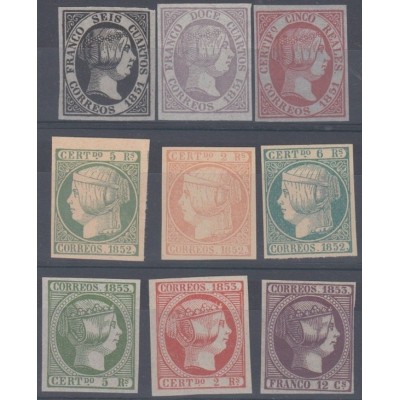 FAC-126 SPAIN ESPAÑA FACSIMILE SEGUI FORGERY ISABEL II 1851-53 LOT OF 9 DIFFERENT.