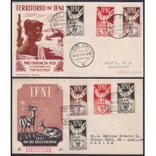 F-EX64122 SIDI IFNI MOROCCO 1951 FDC PRO CHILDREN FAUNA TO BARCELONA SPAIN 2 DIFF.