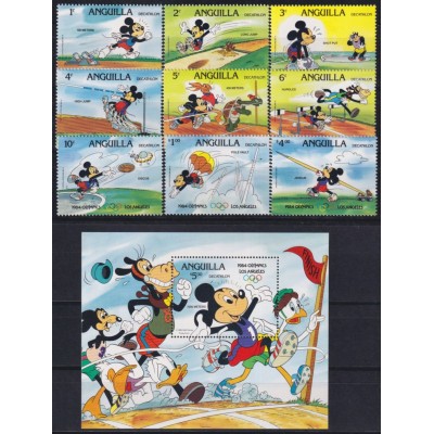 F-EX62782 ANGUILLA MNH 1984 LOS ANGELES OLYMPIC GAMES WALT DISNEY MICKEY MOUSE.