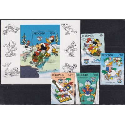 F-EX62828 REDONDA MNH 1984 CHRISTMAS WALT DISNEY MICKEY MOUSE DONALD DUCK.