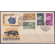 F-EX64407 SPAIN SAHARA 1957 FDC STAMPS DAY FAUNA HYENA HIENA.