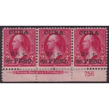 1899-756 CUBA US OCCUPATION 1899 2 ½ c MH PLATE NUMBERS Nº756 CON REFUERZO ORIGINAL GUM.