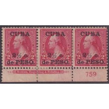 1899-757 CUBA US OCCUPATION 1899 2 ½ c MH PLATE NUMBERS Nº759 CON REFUERZO ORIGINAL GUM.