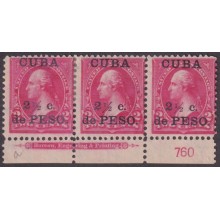 1899-758 CUBA US OCCUPATION 1899 2 ½ c NO GUM PLATE NUMBERS Nº760.