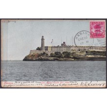 POS-1886 CUBA POSTCARD 1902 2c PALM HAVANA MORRO CASTLE TO PERU VIA USA.