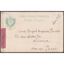 POS-1886 CUBA POSTCARD 1902 2c PALM HAVANA MORRO CASTLE TO PERU VIA USA.