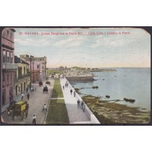 POS-1895 CUBA POSTCARD 1911 HAVANA HARBOR STREET MALECON & PUNTA CASTLE TO USA US.