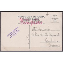 POS-1906 CUBA POSTCARD 1909 DESMOCHADOR DE PALMAS CLIMBING OTHE ROYAL PALM TO FRANCE.