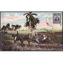 POS-1907 CUBA POSTCARD 1910 COUNTRY TYPICAL CARRIAGE LANDSCAPE VOLANTA TO FRANCE.