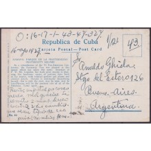 POS-1919 CUBA POSTCARD 1929 HAVANA FRATERNITY SQUARE TO ARGENTINA BEEF CANCEL.