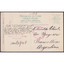 POS-1920 CUBA POSTCARD 1918 WWI CENSORSHIP HAVANA MEMORIAL WALL OF STUDENTS TO ARGENTINA.